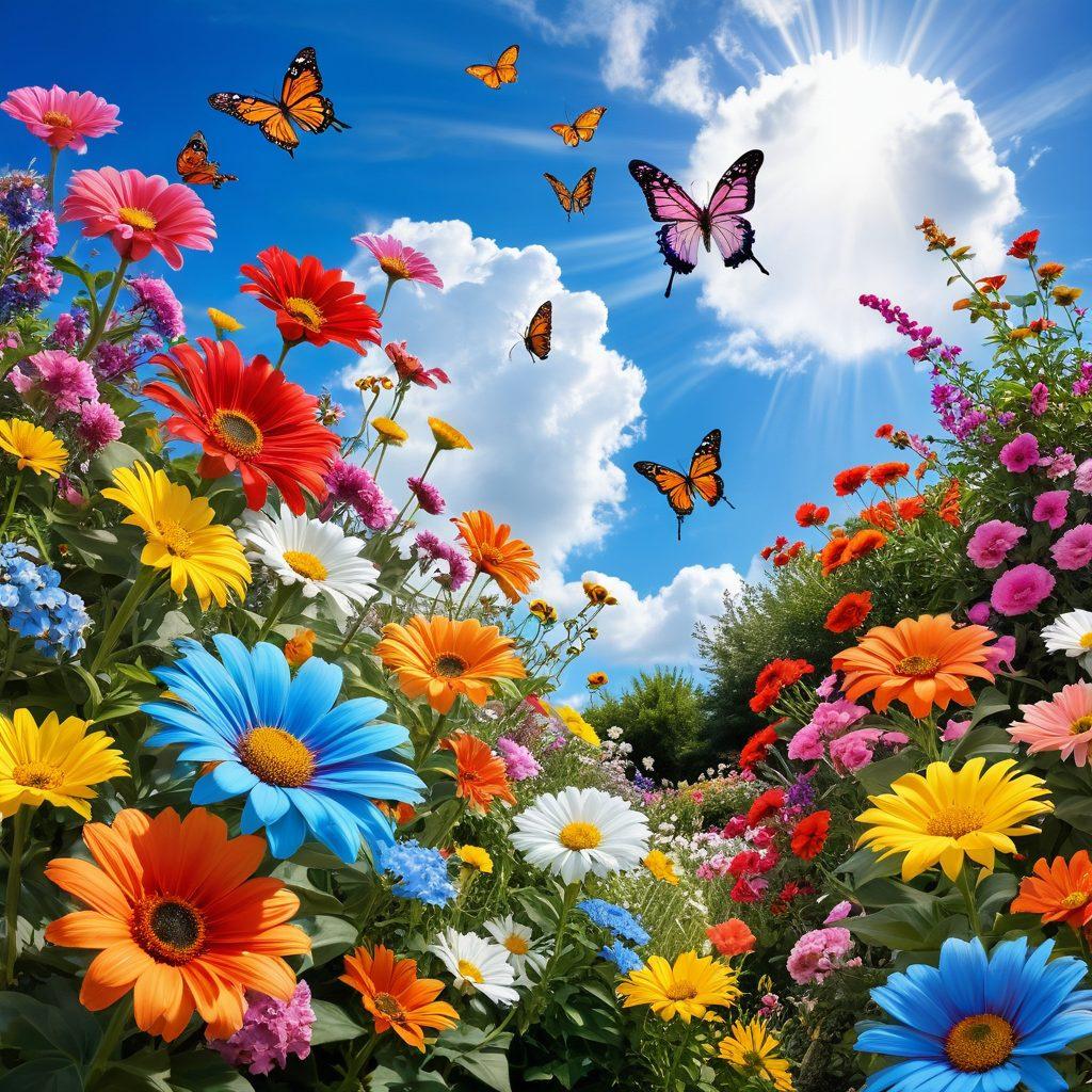 A vibrant, whimsical garden filled with colorful flowers labeled with cheerful synonyms like "joyful," "gleeful," and "ecstatic." A bright sun shines overhead, with a gentle breeze that causes the flowers to sway. Include a whimsical butterfly fluttering amidst the blooms, and soft clouds in a luminous blue sky. The overall mood should evoke happiness and positivity. super-realistic. vibrant colors. white background.