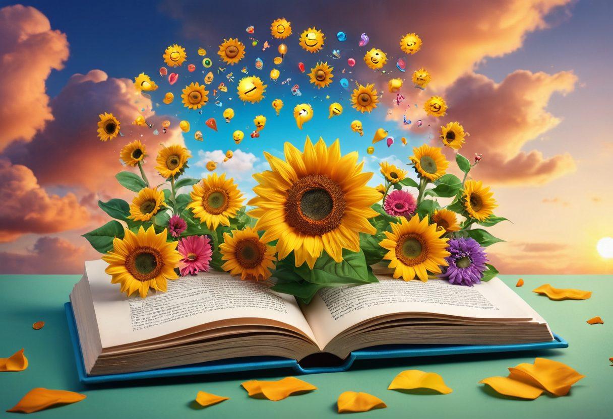 A whimsical book open to colorful pages filled with various joyful synonyms, surrounded by floating happy emojis and cheerful illustrations of sunflowers and smiles. The background features a vibrant sky with fluffy clouds, representing upliftment and positivity. A light bulb above the book symbolizes new ideas and enlightenment. vibrant colors. whimsical. 3D.